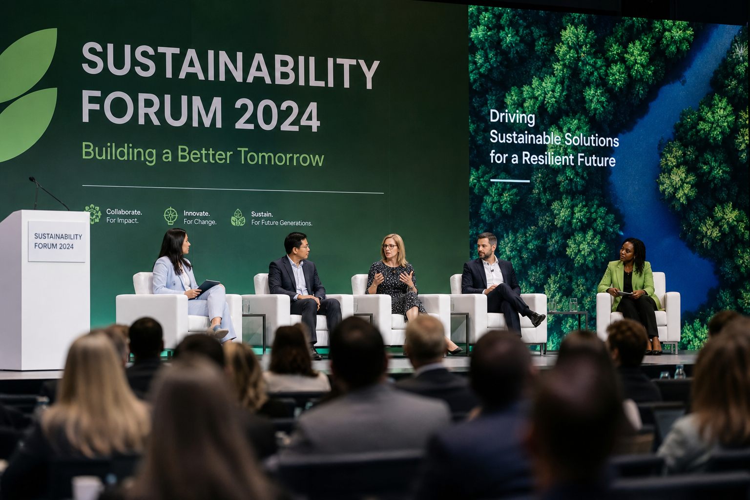 Speakers on stage at a sustainability forum addressing a seated audience